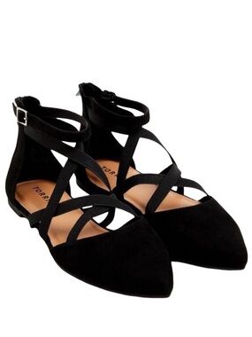 Torrid Black Faux Suede Pointed Toe Elastic Strap Flats Extra Wide Size 8 WW 8WW